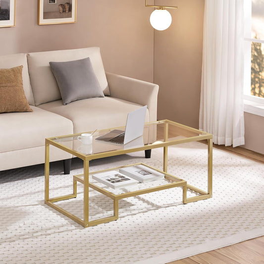 Yaheetech Gold Coffee Table, 42" Rectangular Glass Coffee Table for Living Room, 2-Tier Living Room Tables with Storage Center Tea Tables with Metal Frame for Small Space, Apartment, Office