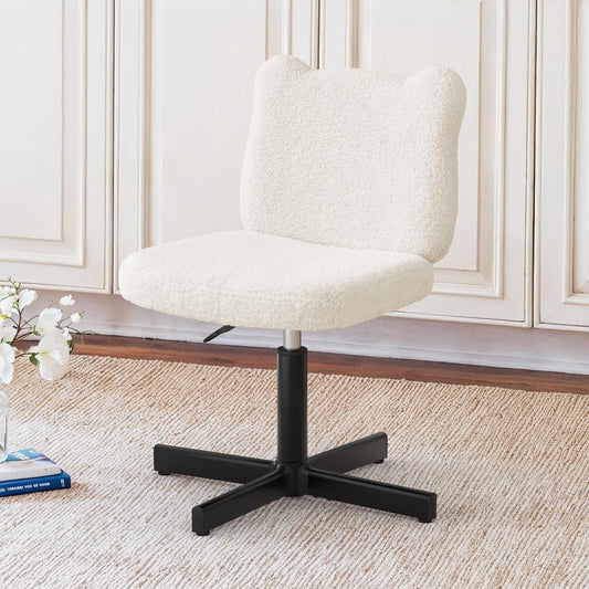 Adjustable Vanity Stool Chair with Girly Bear Ear Wide Back, 360° Swivel Vanity Stool for Makeup Room, Upholstered Teddy Velvet Ottoman for Teen Girls, 350lbs, Beige