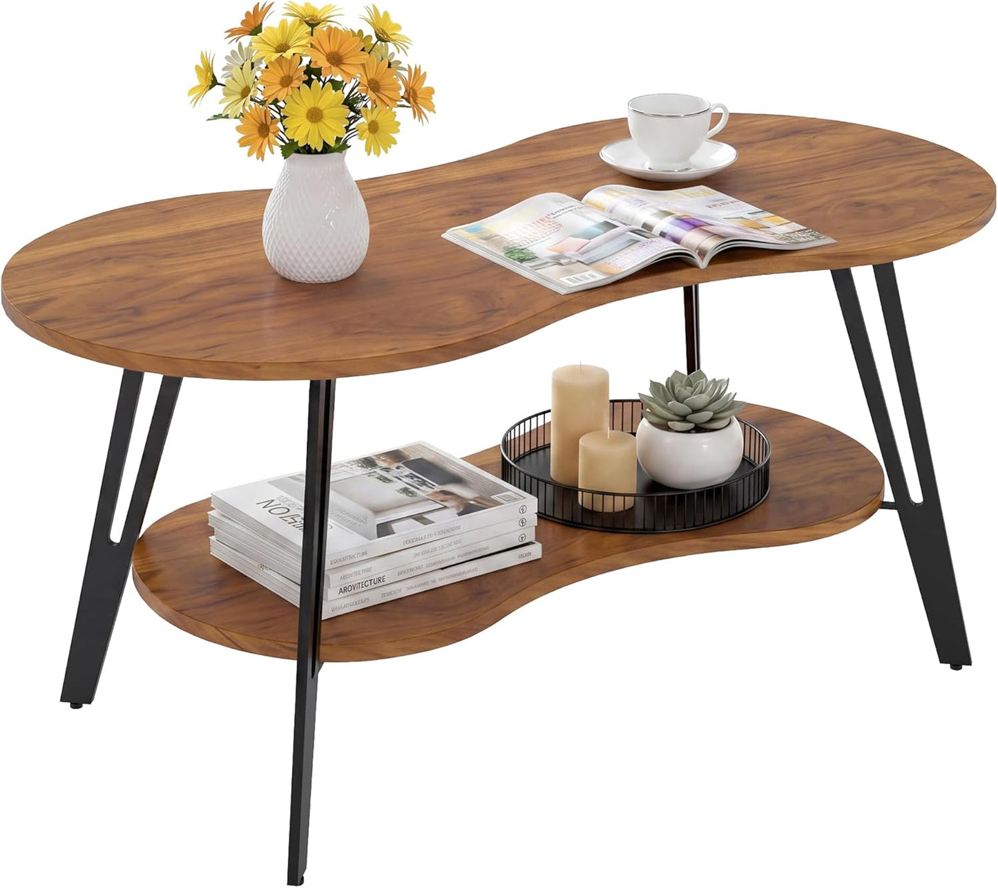 MWOOD Oval Coffee Table, 39.37" Center Table with Storage Shelf and Metal Leg, Waterproof & Scratch-Resistant Dining Table for Living Roome, Bedroom Marble-Patterned