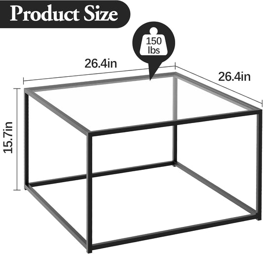 Black Glass Coffee Table for Living Room,Square Coffee Tables for Small Spaces,Simple Tea Cocktail Modern Center Tables, Living Room Tables,Easy Assembly,26 * 26in(Black & Clear Glass)
