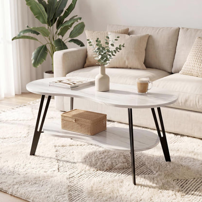 MWOOD Oval Coffee Table, 39.37" Center Table with Storage Shelf and Metal Leg, Waterproof & Scratch-Resistant Dining Table for Living Roome, Bedroom Marble-Patterned