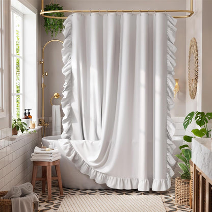 Ruffle Shower Curtain with Three-Side Ruffle, Solid White Farmhouse Curtains, Soft Flowy Layered Fabric, Elegant Spa Style, Clean Minimal Look, Water Repellent,12 Metal Hooks, 72" W x 72" L