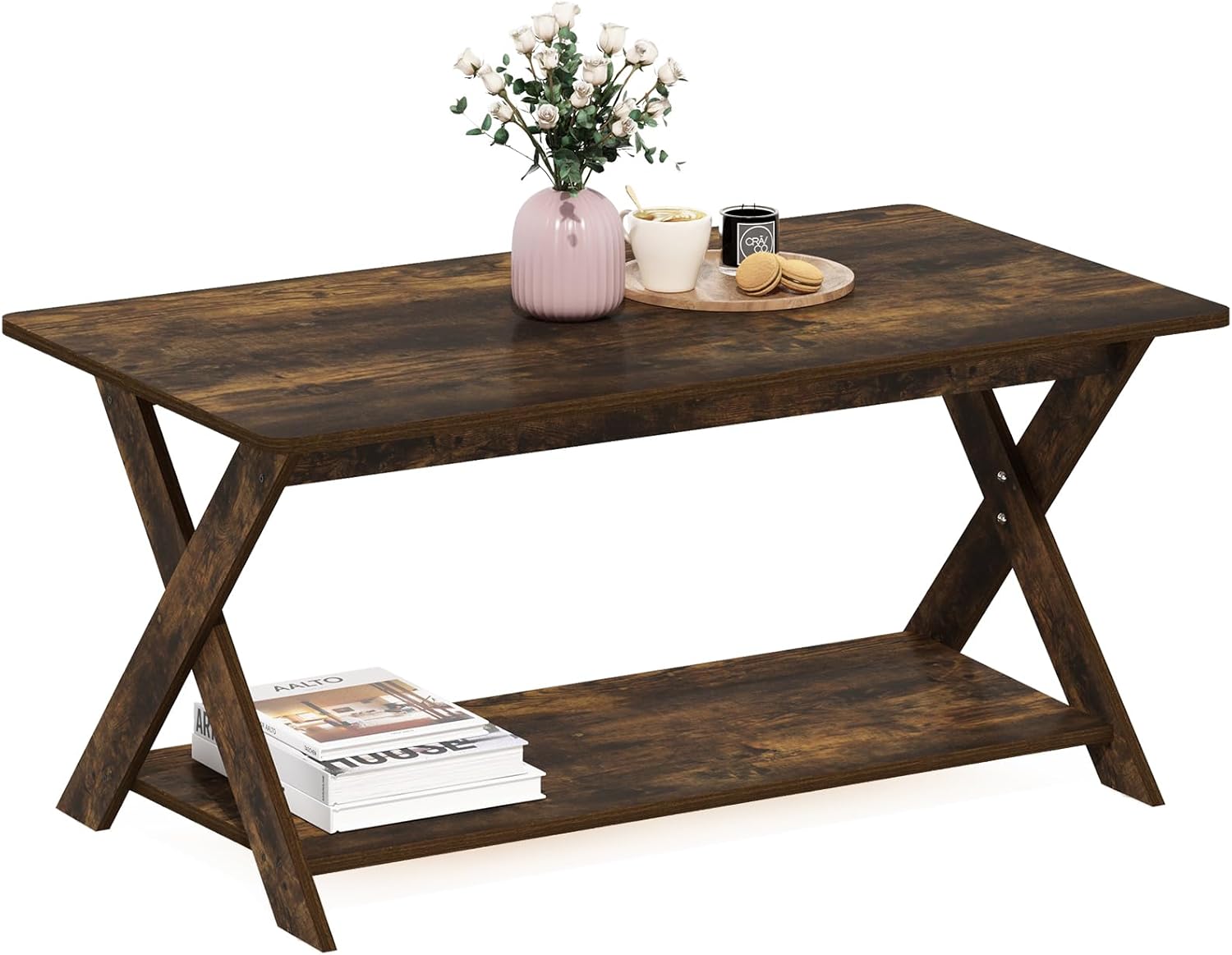 Furinno Modern Simplistic Criss-Crossed Coffee Table, 35.4 in x 19.6 in x 16 in, French Oak Grey