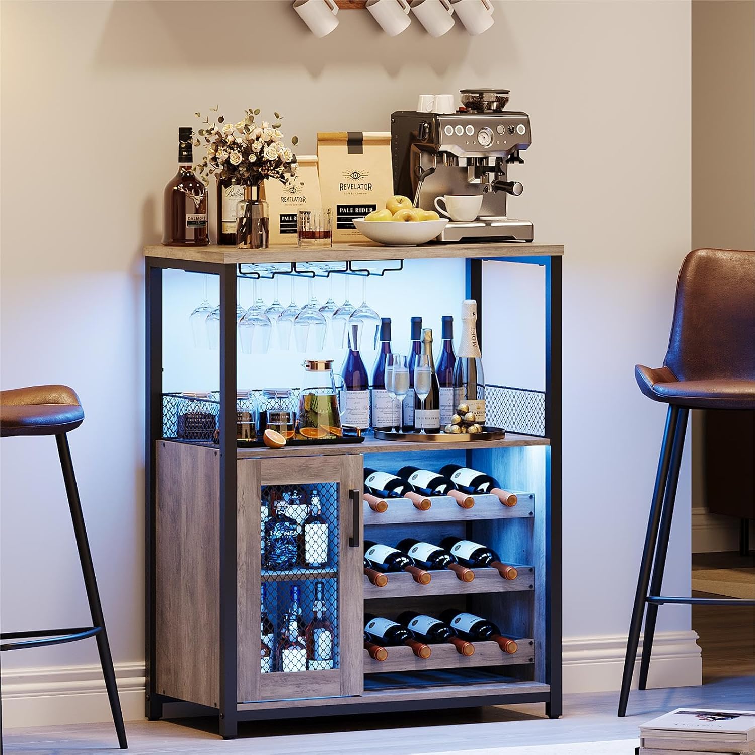 Wine Bar Rack Cabinet with LED Light, Adjustable Shelves Coffee Bar Cabinet with Mesh Door and Baffle Design, 36″ Tall Small Liquor Bar Cabinet for Home, Kitchen, Dinning Room, Rustic Brown
