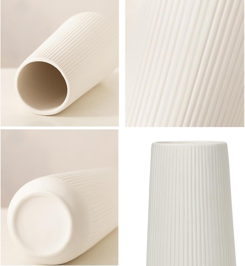 Ceramic Vase for Flower, Matte Black Ribbed Ceramic Vase for Home Decor, Nordic Minimalist Vase for Pampas Grass, Flowers Vases for Kitchen, Living Room, Bedroom, Office, Shelf Table (White)