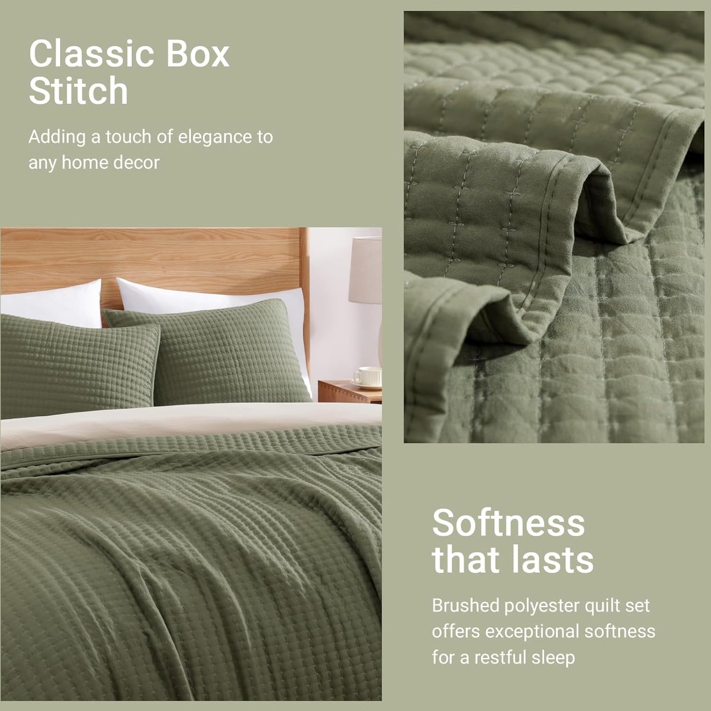 Queen Quilt-3 Pieces Lightweight Bedspreads Olive Green Queen Size Quilt Bedding Set for All Seasons, Soft Summer Coverlet with 2 Pillow Shams Suitable for Bed & Couch