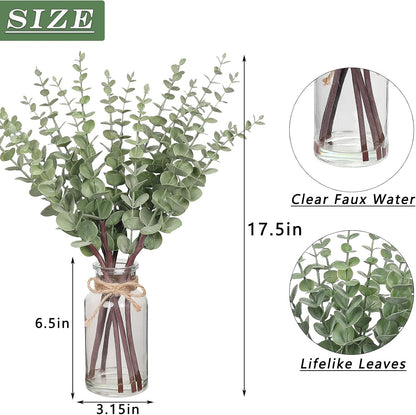 17.5" Artificial Eucalyptus Stems in Glass Vase with Faux Water,Fake Plant Eucalyptus Leaves White Seeds for Centerpiece Table Decorations Farmhouse Wedding Home Greenery Decor (Sage Green)