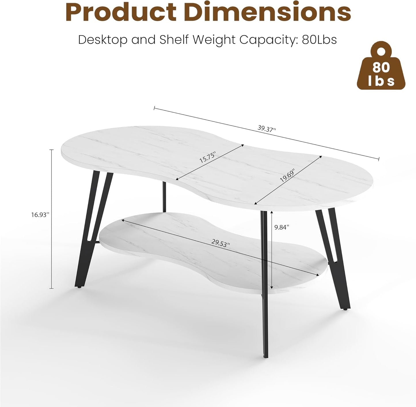MWOOD Oval Coffee Table, 39.37" Center Table with Storage Shelf and Metal Leg, Waterproof & Scratch-Resistant Dining Table for Living Roome, Bedroom Marble-Patterned
