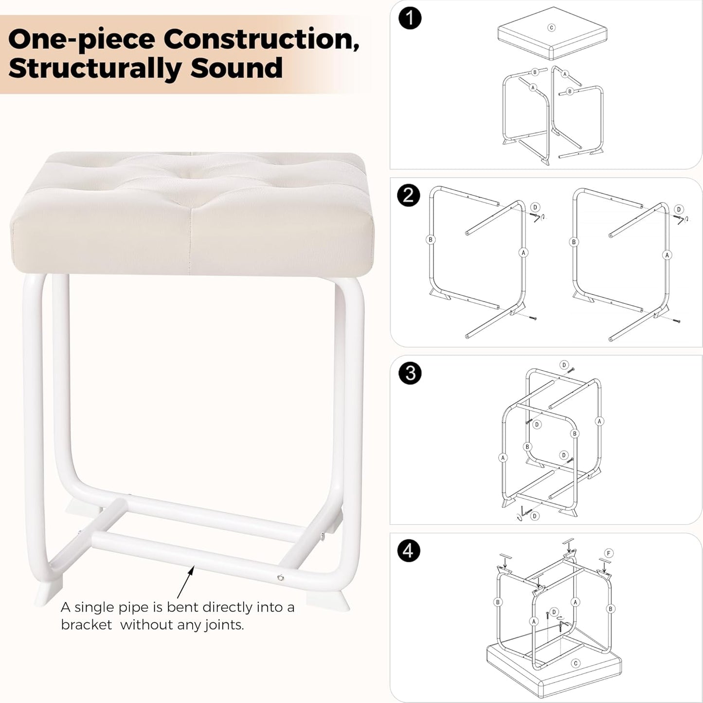 White Vanity Chair, Leather Vanity Stool, Small Stool Chair for Vanity, Square Ottoman Foot Stool, Makeup Vanity Chairs with Thick Padded Seat for Bathroom, Bedroom, Entryway, KFD01W