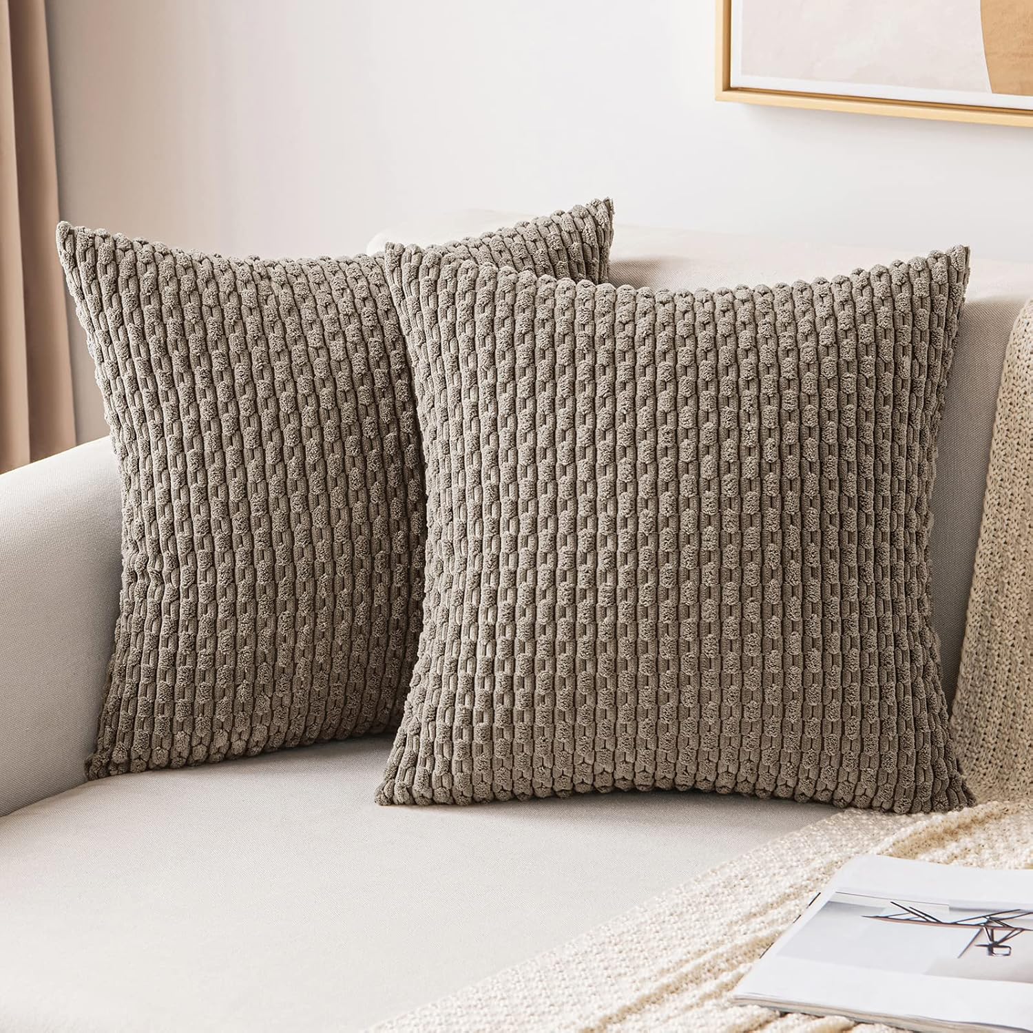 MIULEE Pack of 2 Decorative Throw Pillow Covers 18x18 Inch Soft Boho Striped Textured Corduroy Pillow Covers Spring Modern Farmhouse Home Decor for Couch Bed Sofa Living Room Sage Green