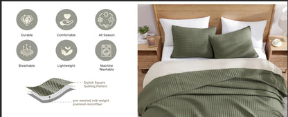 Queen Quilt-3 Pieces Lightweight Bedspreads Olive Green Queen Size Quilt Bedding Set for All Seasons, Soft Summer Coverlet with 2 Pillow Shams Suitable for Bed & Couch