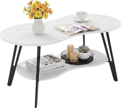 MWOOD Oval Coffee Table, 39.37" Center Table with Storage Shelf and Metal Leg, Waterproof & Scratch-Resistant Dining Table for Living Roome, Bedroom Marble-Patterned