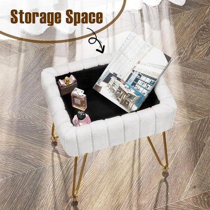 Vanity Stool Chair Faux Fur with Storage, 15.7"L x 11.8"W x 19.4"H Soft Ottoman 4 Metal Legs with Anti-Slip Feet, Furry Padded Seat, Modern Multifunctional Chairs for Makeup, Bedroom White