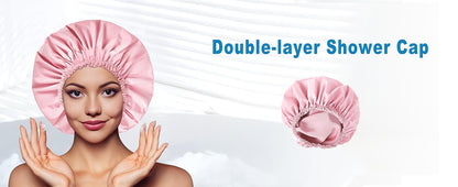 Shower Cap for Women, Double Layer Waterproof Bath Cap, Reusable Hair Protector, Large Waterproof Shower Bonnet Washable Elastic Band Bath Hair Hat for Long Hair, Braids， - Pink