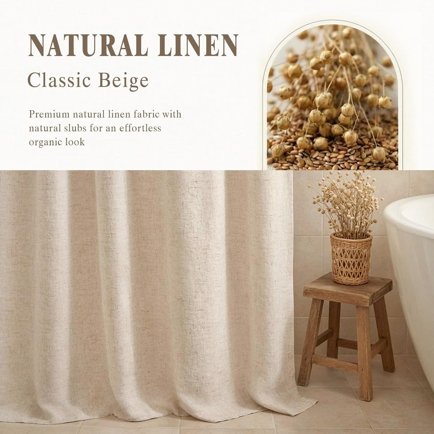 Shower Curtain Beige, Fabric Boho Farmhouse Shower Curtains for Bathroom Cream Cotton Natural Cloth Liner Set 72" W x 72" L