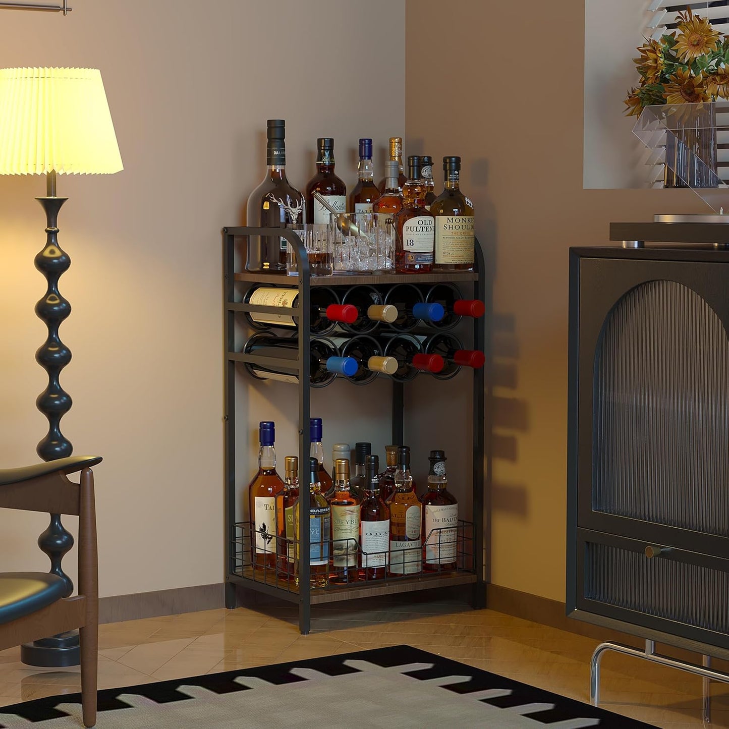 3-Tier Wine Rack Freestanding Floor Cabinet Corner Bar Cabinet Bar Cart,12 Individual Wine Storage Bottle Compartments Corner Bar Cabinet Holder (3-Tier Wine Rack 07)