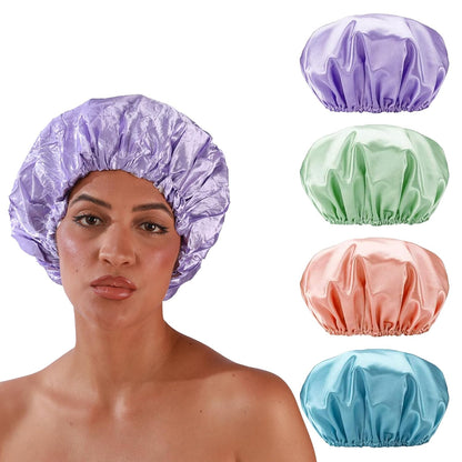 4 Pack Shower Caps for Women, Reusable Waterproof Double Layer Bath Cap, Large EVA Elastic Hair Cover for Shower, Fits Long Hair & Braids, for Spa & Home