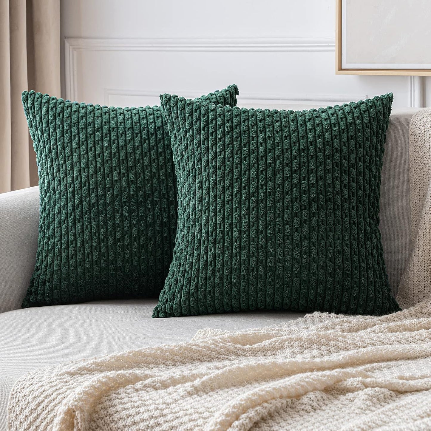MIULEE Pack of 2 Decorative Throw Pillow Covers 18x18 Inch Soft Boho Striped Textured Corduroy Pillow Covers Spring Modern Farmhouse Home Decor for Couch Bed Sofa Living Room Sage Green