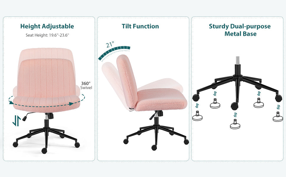 Criss Cross Chair with Wheels Wide Cross Legged Office Desk Vanity Chair Comfy Fabric Armless Adjustable Swivel for Home Computer Task Teddy Pink