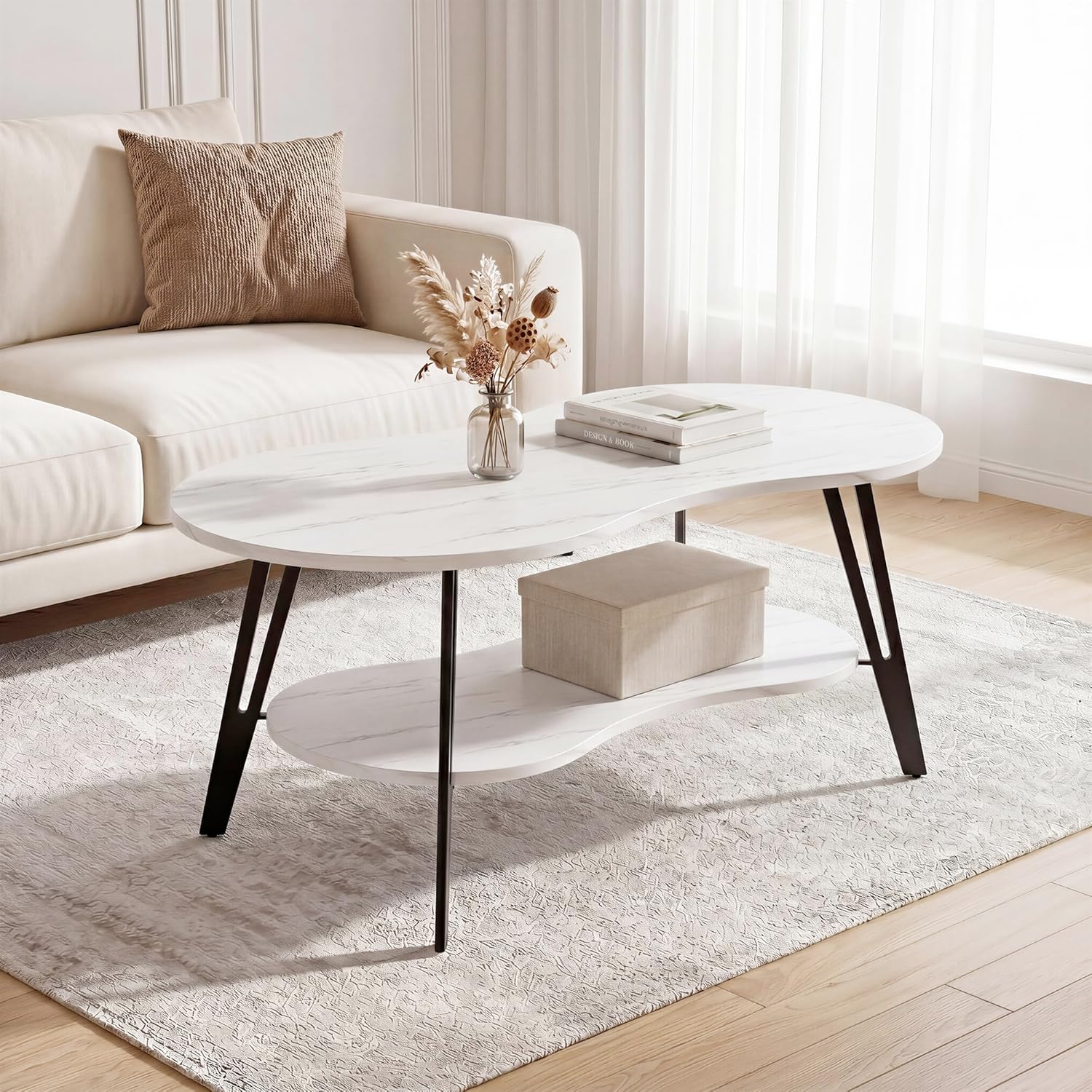 MWOOD Oval Coffee Table, 39.37" Center Table with Storage Shelf and Metal Leg, Waterproof & Scratch-Resistant Dining Table for Living Roome, Bedroom Marble-Patterned
