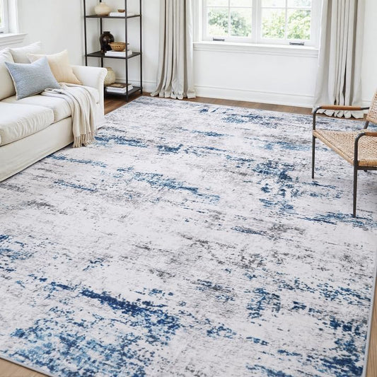 Area Rug Living Room Rugs: 5x7 Large Soft Indoor Carpet Modern Abstract Rug with Non Slip Rubber Backing for Under Dining Table Nursery Home Office Bedroom White Gray Blue
