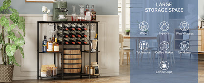 JKsmart Wine Bar Cabinet with LED Lights, Mini Wine Bar Cart with Storage and Glass Holder, Home Bar Coffee Bar for Liquor, 3-Tier Bar Table for Kitchen, Dining Room, Living Room, Black