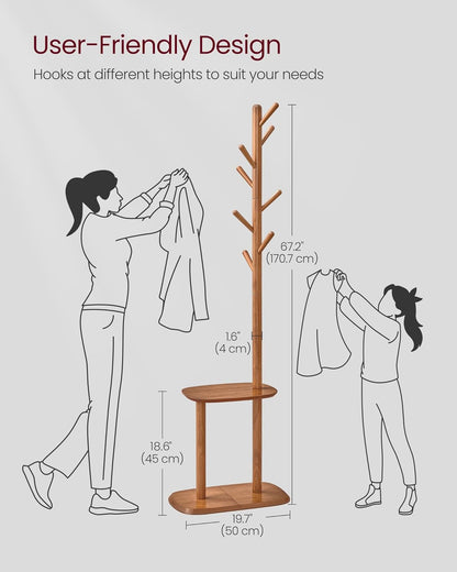 Coat Rack, Free Standing Coat Stand, Hall Coat Tree with 8 Hooks and Storage Shelf, 67.2 Inch Tall, for Coats, Hats, Bags, for Entryway, Hallway, Bedroom, Caramel Brown URCR040K01