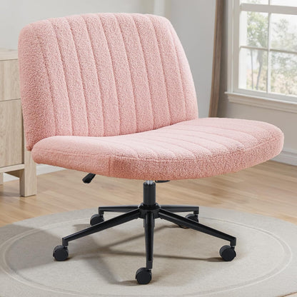 Criss Cross Chair with Wheels Wide Cross Legged Office Desk Vanity Chair Comfy Fabric Armless Adjustable Swivel for Home Computer Task Teddy Pink